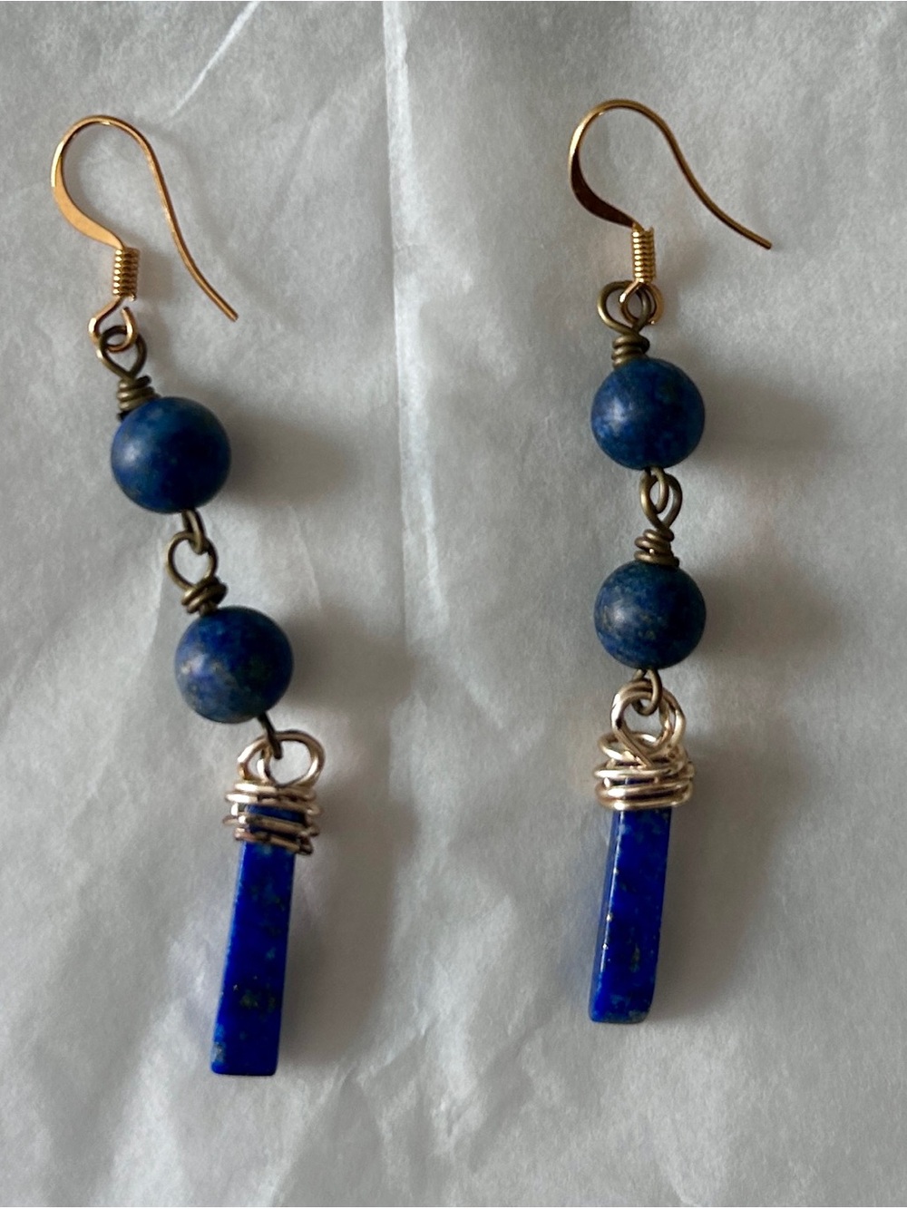 Blue Lapis Drop Earrings - Gold Wire Wrapped